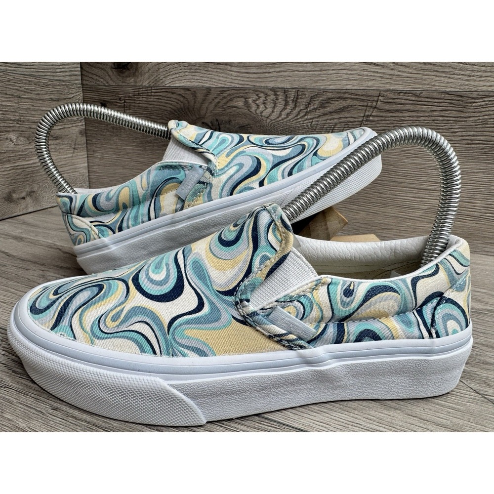 Vans Classic Slip On Swirl Turquoise Skate Shoes Sneakers Mens 3.5 ~ Womens 5